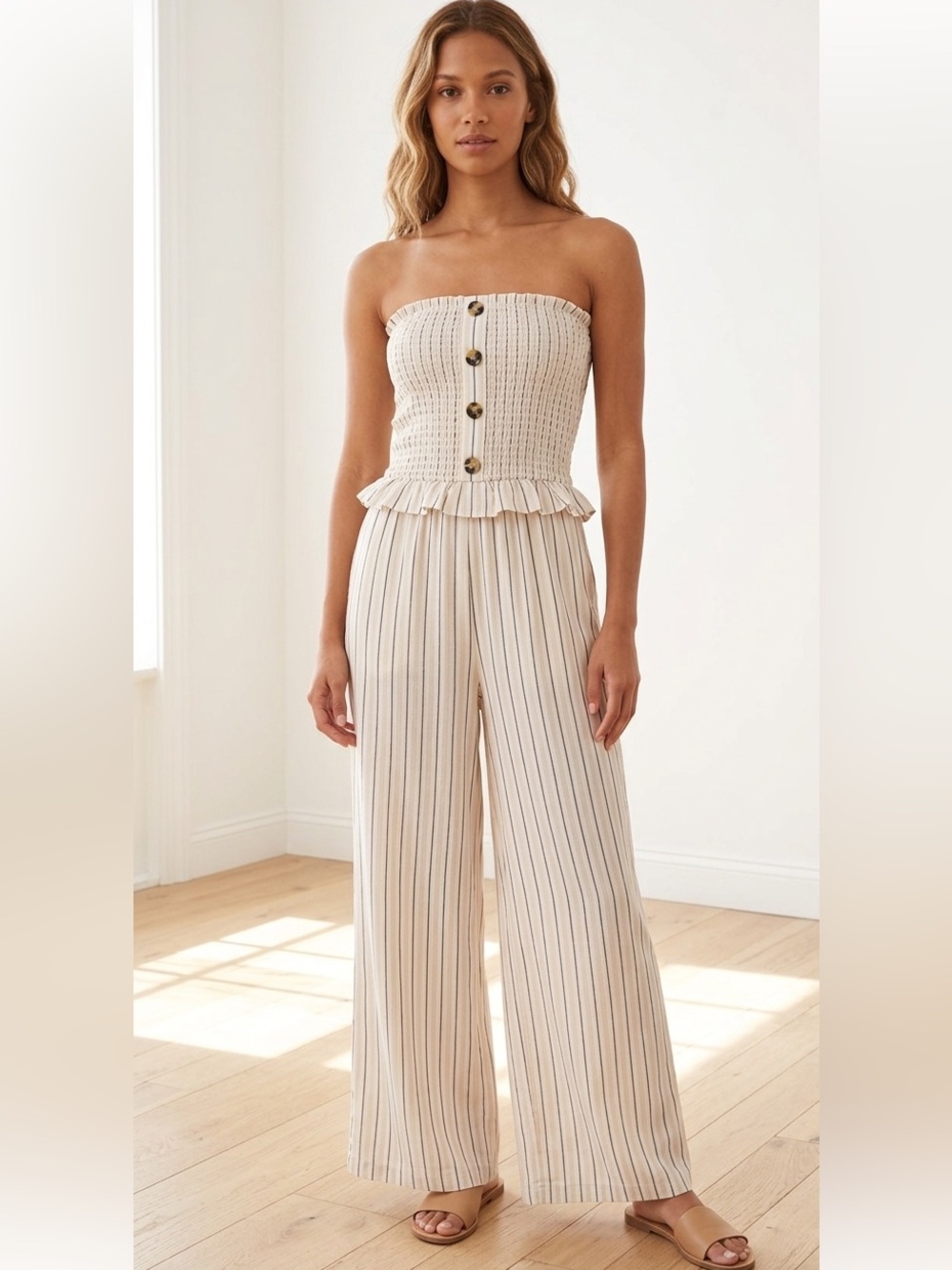 LOFT Cream Striped Wide-Leg Smocked Jumpsuit
